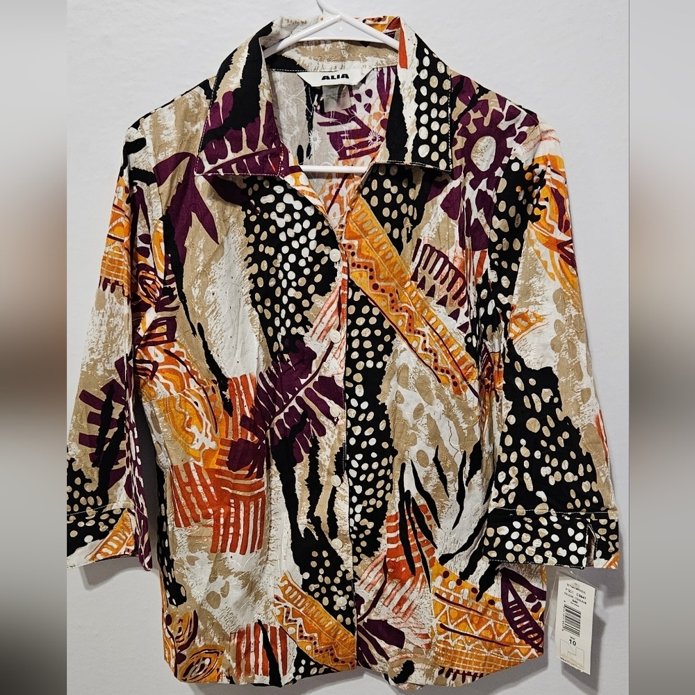 Alia Womens Colorful Button Abstract Floral Collared LS Blouse Size 10 NWT B12